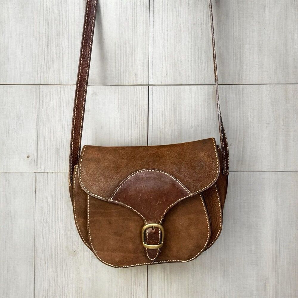Brooks Brothers Italy Brown Leather Suede Crossbody Saddle Bag Equestrian Purse
